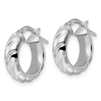 Sterling Silver Rhod-plated Polished Textured Hoop Earrings
