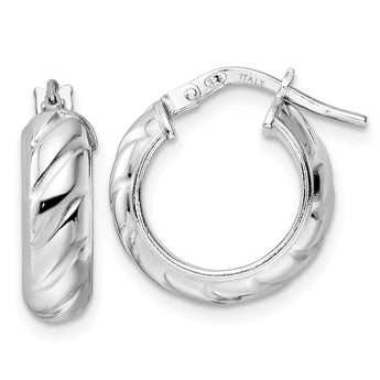 Sterling Silver Rhod-plated Polished Textured Hoop Earrings