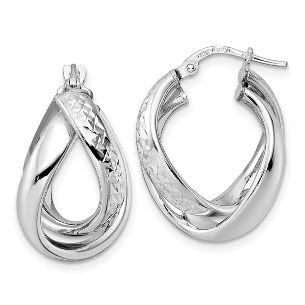 Sterling Silver Rhod-plated Polished D/C Hoop Earrings
