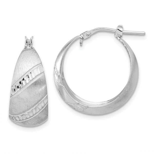 Sterling Silver Rhodium-plated Satin and Diamond-cut Hoop Earrings