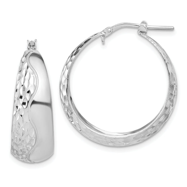 Sterling Silver Rhodium-plated Polished and Textured Hoop Earrings