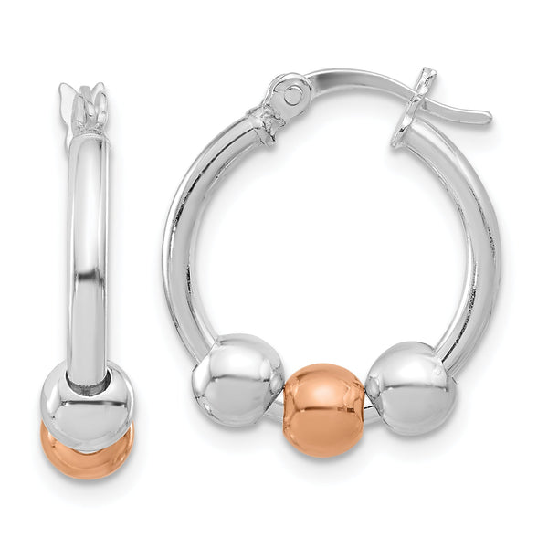 Sterling Silver Rhodium-plated and Rose-tone Beaded Hoop Earrings