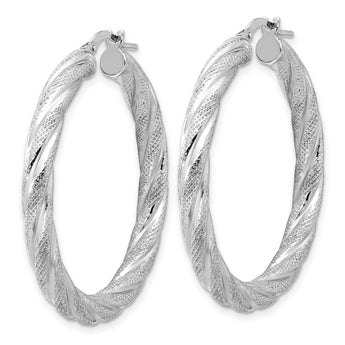 Sterling Silver Rh-plated Polished and Textured Round Hoops