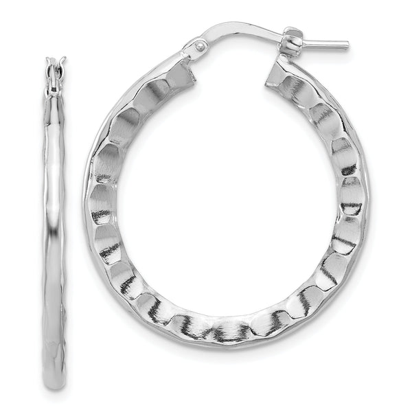 Sterling Silver Rh-plated Polished/Hammered Hoop Earrings