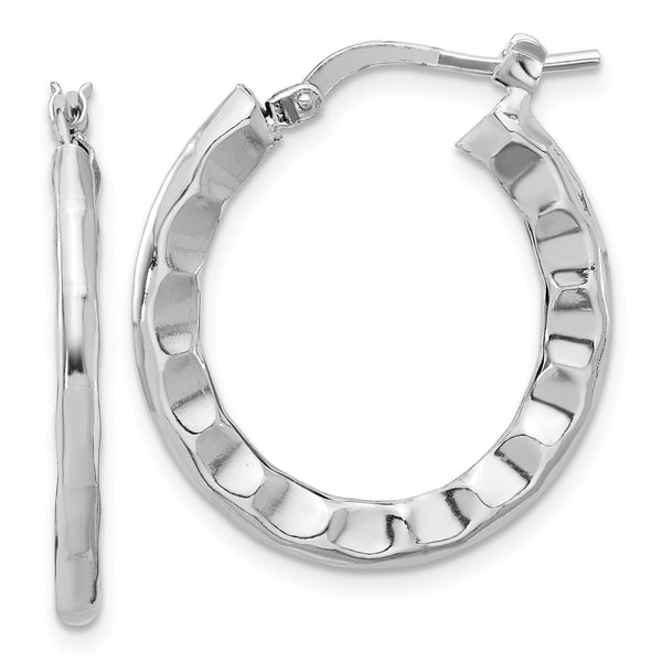 Sterling Silver Rh-plated Polished/Hammered Hoop Earrings