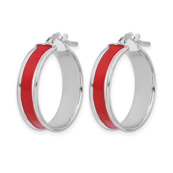Sterling Silver RH-plt Polished Red Enamel Round Hoop Earrings - Birthstone Company