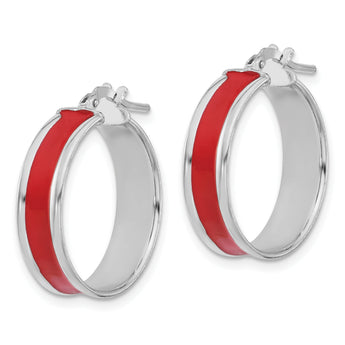 Sterling Silver RH-plt Polished Red Enamel Round Hoop Earrings