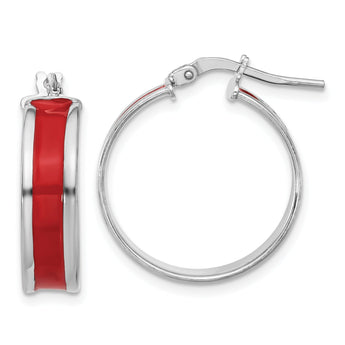 Sterling Silver RH-plt Polished Red Enamel Round Hoop Earrings