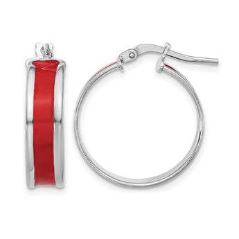 Sterling Silver RH-plt Polished Red Enamel Round Hoop Earrings - Birthstone Company