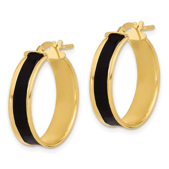 Sterling Silver Gold-tone Black Enamel Round Hoop Earrings