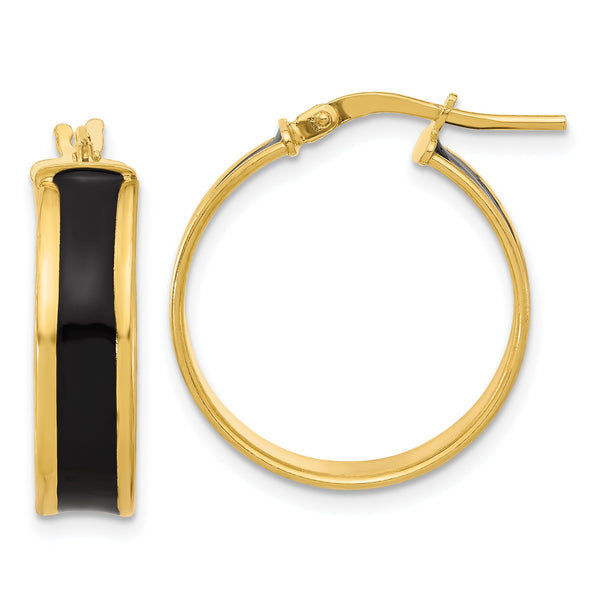 Sterling Silver Gold-tone Black Enamel Round Hoop Earrings