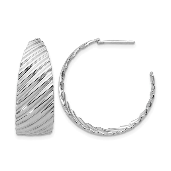Sterling Silver Rh-plat Polished Grooved Left/Right J-Hoop Earring - Birthstone Company