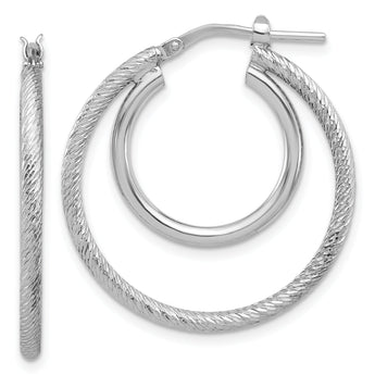 Sterling Silver Rh-plat Polished and Textured Double Hoop Earrings