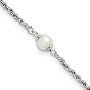 Sterling Silver Rhodium-Plated-plt Polished FWC Pearl with 2in ext. Bracelet