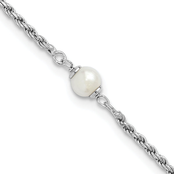 Sterling Silver Rhodium-Plated-plt Polished FWC Pearl with 2in ext. Bracelet