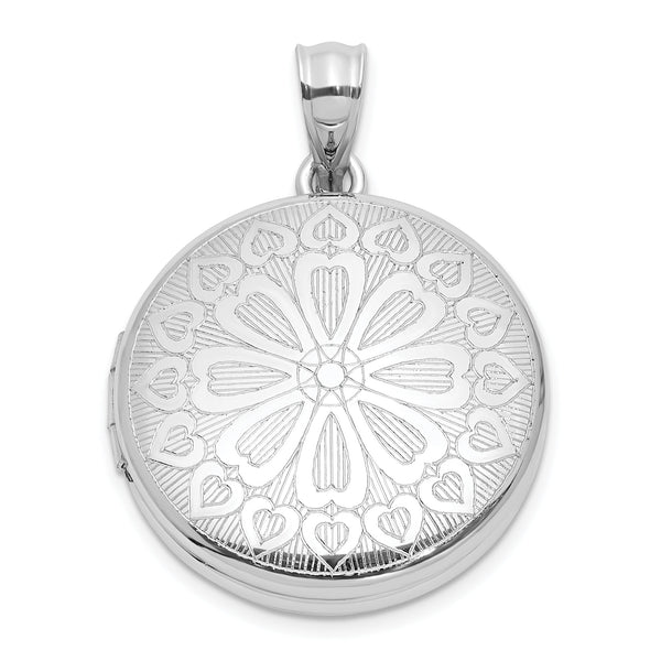 Sterling Silver Rhodium-plated 20mm Floral Heart Filigree Round Locket