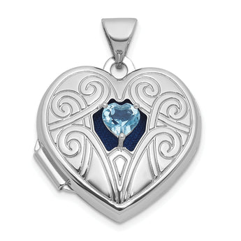 Sterling Silver Rhodium-plated Blue Topaz December Birthstone 18mm Heart Locket