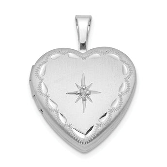 Sterling Silver Rhodium-plated Satin & Diamond Cut Diamond Star Heart Locket