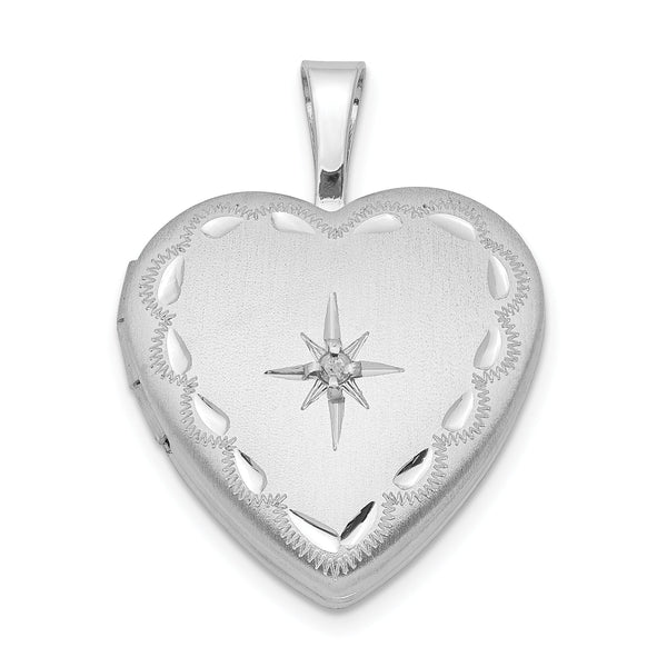 Sterling Silver Rhodium-plated Satin & Diamond Cut Diamond Star Heart Locket