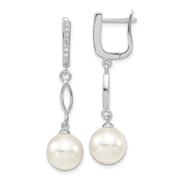 Majestik Sterling Silver Rhodium-plated CZ Hinged Hoop with 10-11mm White Imitation Shell Pearl Dangle Hinged Post Earrings