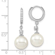 Majestic Sterling Silver Rhodium-plated 10-11mm White Imitation Shell Pearl CZ Hinged Hoop Dangle Earrings