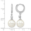 Majestic Sterling Silver Rhodium-plated 10-11mm White Imitation Shell Pearl CZ Hinged Hoop Dangle Earrings - Birthstone Company