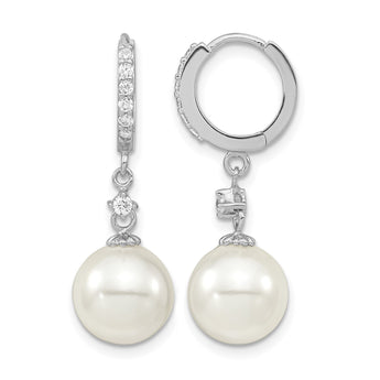 Majestic Sterling Silver Rhodium-plated 10-11mm White Imitation Shell Pearl CZ Hinged Hoop Dangle Earrings - Birthstone Company