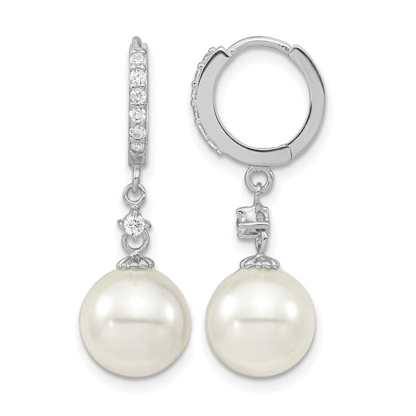 Majestic Sterling Silver Rhodium-plated 10-11mm White Imitation Shell Pearl CZ Hinged Hoop Dangle Earrings - Birthstone Company