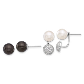 SterlingS Majestik RH-pl 8-9mm Wht/Blk Imit Shell Pearl CZ Post Earring Set