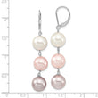 Majestic Sterling Silver Rhodium-plated 10-11mm White  Pink and Purple Imitation Shell Pearl Leverback Dangle Earrings