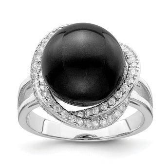 Majestik Sterling Silver Rhodium-plated Size 8 12-13mm Black Imitation Shell Pearl and CZ Ring