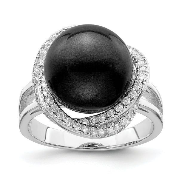 Majestik Sterling Silver Rhodium-plated Size 8 12-13mm Black Imitation Shell Pearl and CZ Ring