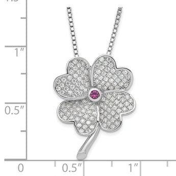 Cubic Zirconia & Red Corundum Clover Necklace in Sterling Silver, 18 Inch