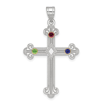 Sterling Silver Rh-plt/14k Bezel Crystal Family Cross Pendant