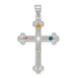 Sterling Silver Rh-plt/14k Bezel Crystal Family Cross Pendant