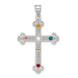 Sterling Silver Rh-plt/14k Bezel Crystal Family Cross Pendant