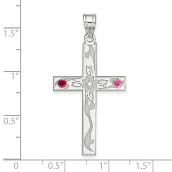 Sterling Silver Rh-plt/14k Bezel Crystal Family Cross Pendant