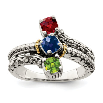 Sterling Silver Antiqued With14k 3-stone Mother's Ring