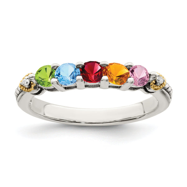 Sterling Silver Antiqued With14k 5-stone WithDiamond Mother's Ring
