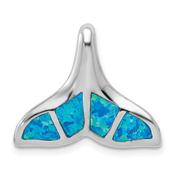 Sterling Silver Rhod-pltd Created Blue Opal Whale Tail Chain Slide Pendant - Birthstone Company