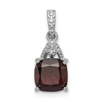 Sterling Silver Rhodium Plated Diamond Garnet Cushion Pendant - Birthstone Company