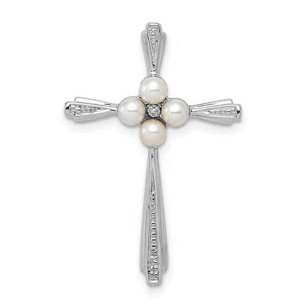 Sterling Silver Rhod Plated Diamond FW Cultured Pearl Cross Pendant - Birthstone Company