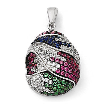 SS Black Rhodium Blue/Grn Glass Lt & Drk Synth. Ruby & CZ Pendant
