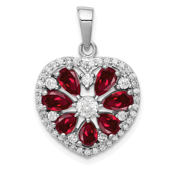 Sterling Silver Polished with CZ and Syn. Ruby Heart Pendant