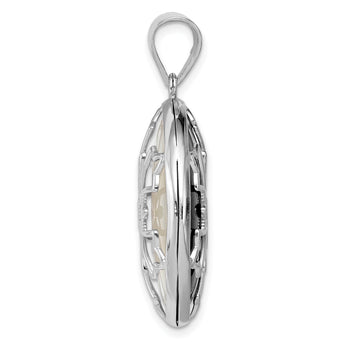 Sterling Silver Rhodium-plated Snowflake Diamond Cut Mother of Pearl and Onyx Reversible Pendant