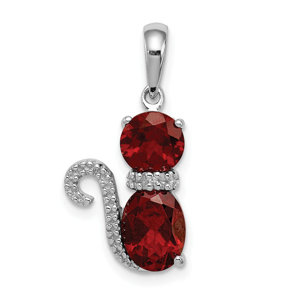 Sterling Silver Rhodium-plated Garnet and Diamond Cat Pendant - Birthstone Company