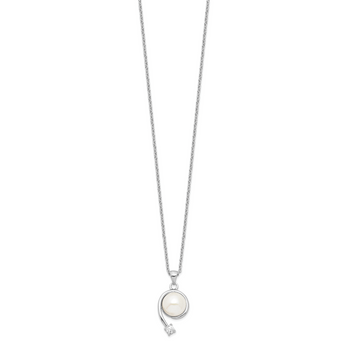 Sterling Silver Pearl and CZ Pendant Necklace with Rhodium Polish