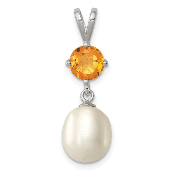 Sterling Silver Citrine & 8-9mm FW Cultured Pearl Teardrop Pendant