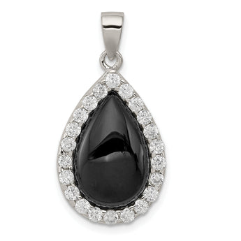 Cubic Zirconia & Onyx Teardrop Pendant in Sterling Silver, 14mm