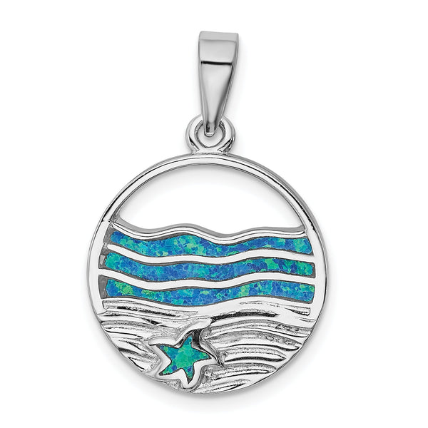 Sterling Silver Rhodium-plated Blue Created Opal Starfish Ocean Pendant